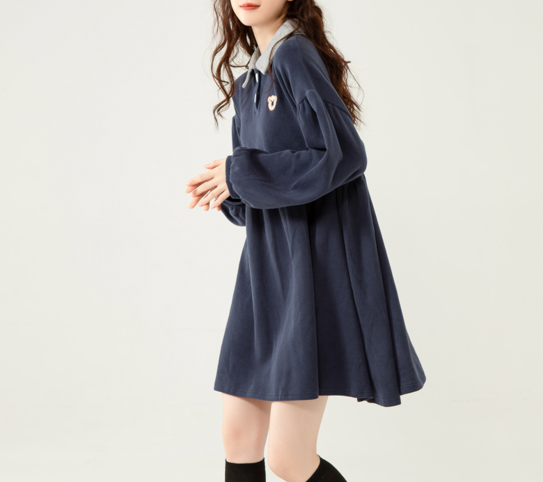 Cute Kawaii Rabbit Patch Dress Long Sleeve Loose Fit A-Line Dress with Contrast Collar